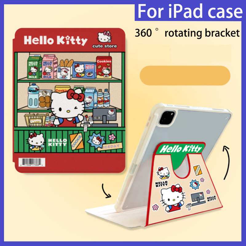 Casetify เคสแท็บเล็ต 360 สําหรับ iPad mini6 iPad 5 6 9.7 นิ้ว 7th 8th 9th 10.2 Air3 10.5 11 Air 4 5 10.9 นิ้ว iPad 10 pro12.9° ขาตั้งอะคริลิค หมุนได้ พร้อมช่องใส่ปากกา ลาย Hello Kitty