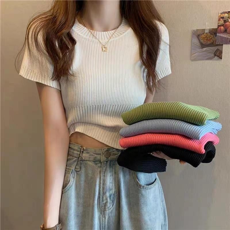 เสื้อยืดแขนสั้นผู้หญิง คอกลม เสื้อครอปไหมพรม คุณภาพดี 5สี *พร้อมส่ง* #E-2998