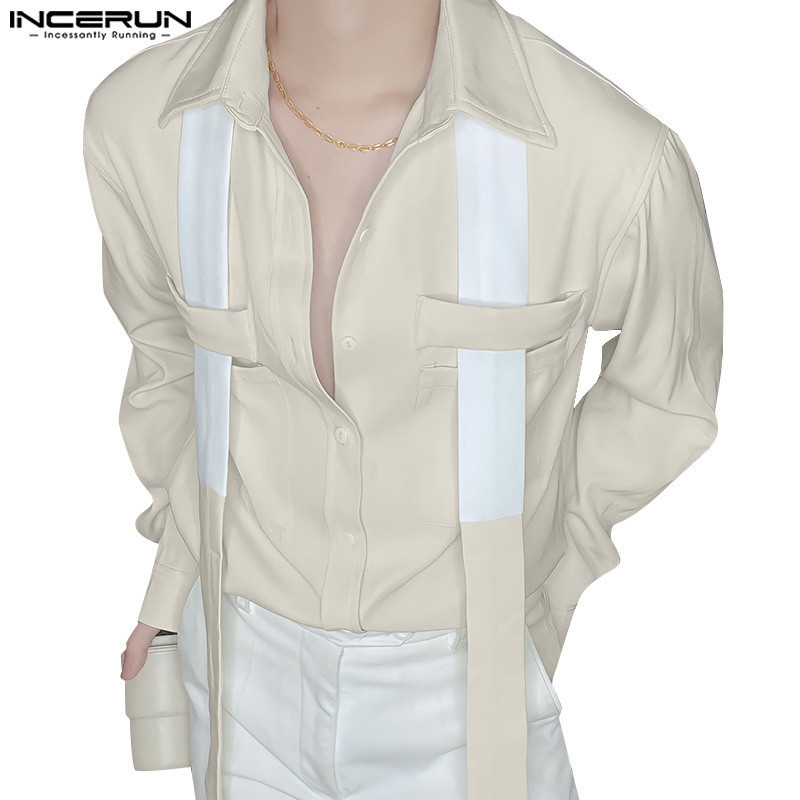 Incerun เสื้อเชิ้ตแขนยาว ริบบิ้นเย็บปะติดปะต่อกัน แฟชั่นเกาหลี สําหรับผู้ชาย