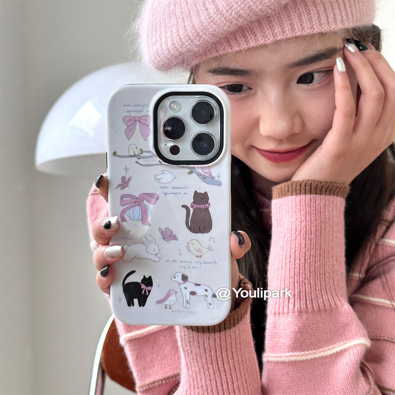 Girly Style Cat i ความรู้สึกระดับไฮเอนด์เข้ากันได้กับ iPhone15promax/14plus รวมทุกอย่าง 13pro กันกระ