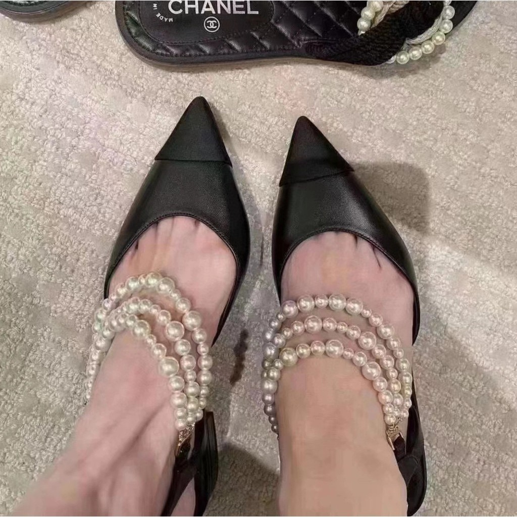 [AAA] Chane * Grandma Chanel 2024 รองเท้าส้นสูง รองเท้าบัลเล่ต์ ประดับไข่มุก สไตล์ใหม่ สําหรับผู้หญิง