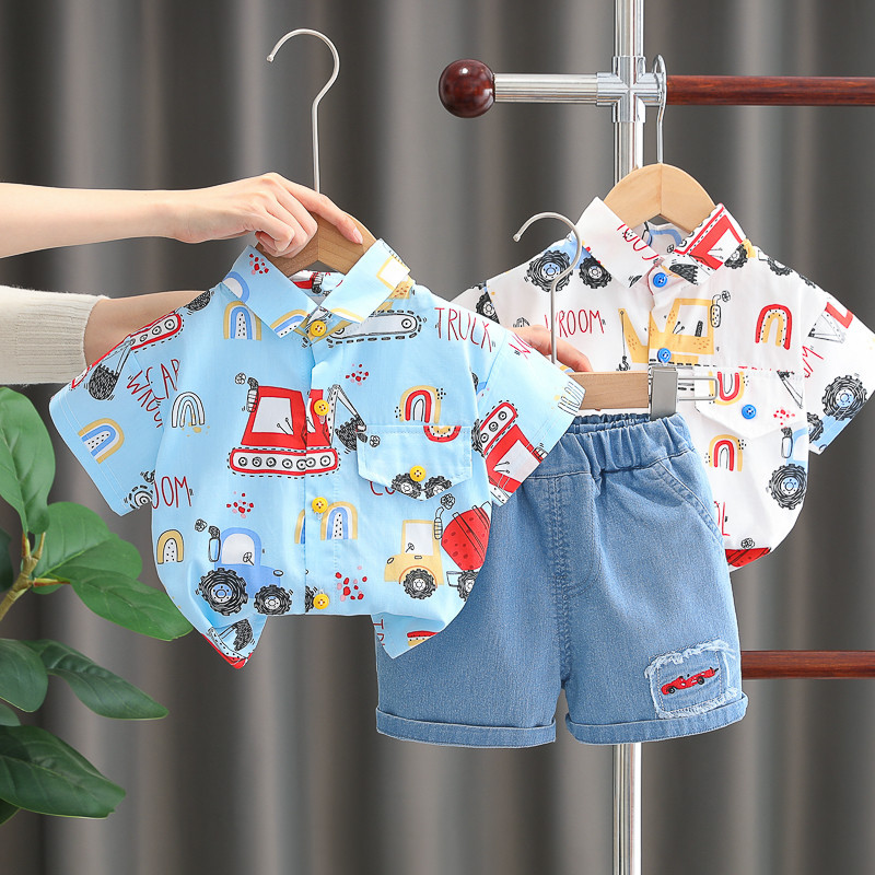 ชุดเสื้อเชิ้ต กางเกง ผ้าฝ้าย พิมพ์ลายรถยนต์ แฟชั่นฤดูร้อน สําหรับเด็กผู้ชาย 2 ชิ้น ต่อชุด