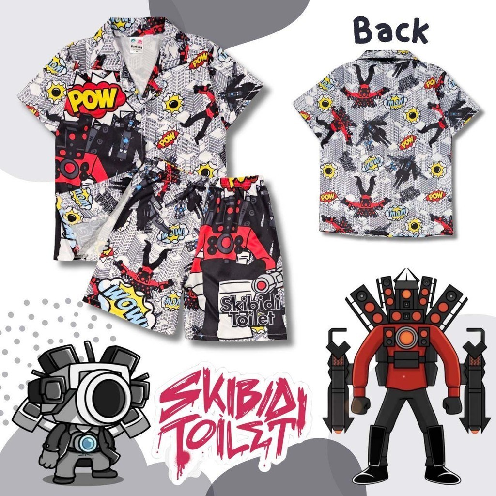 SKBD0948#2 ชุดเด็ก เซ็ตเสื้อฮาวาย+กางเกงขาสั้น ผ้าไหมอิตาลี ลายสกิบิดี้ เสื้อผ้าเด็ก ชุดเด็กแฟชั่น ชุดเด็กลายการ์ตูน