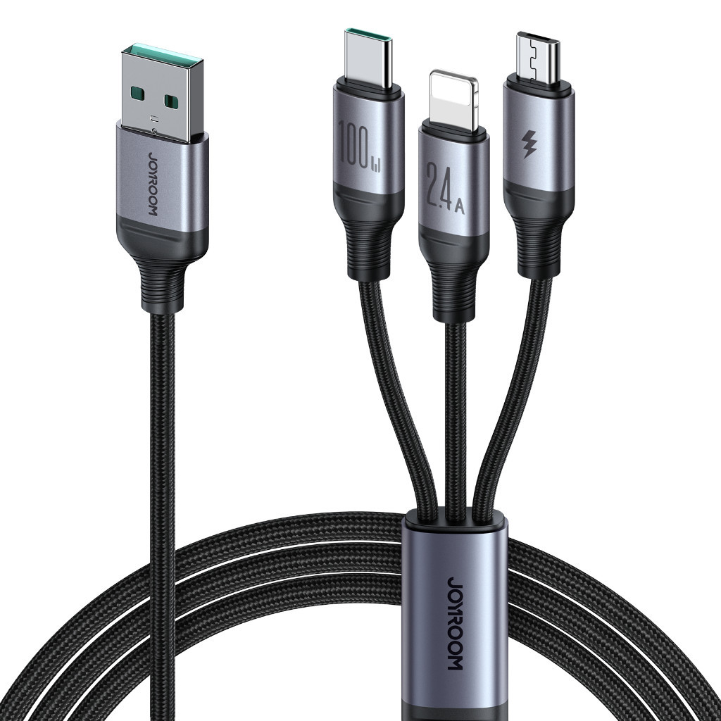 Joyroom รุ่น SA21-1T3 สายชาร์จ 100W 3-in-1 Fast Charging Cable (USB-A to L+C+M) 1.2m-Black