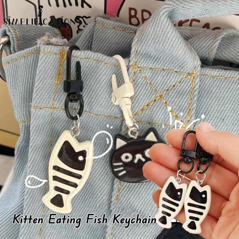 1 Pc การ ์ ตูนสีดําสีขาวลูกแมวกินปลาพวงกุญแจน ่ ารักแฟชั ่ นแมวปลาจี ้ พวงกุญแจคู ่ กระเป ๋ าเป ้ สะพายหลังพวงกุญแจ