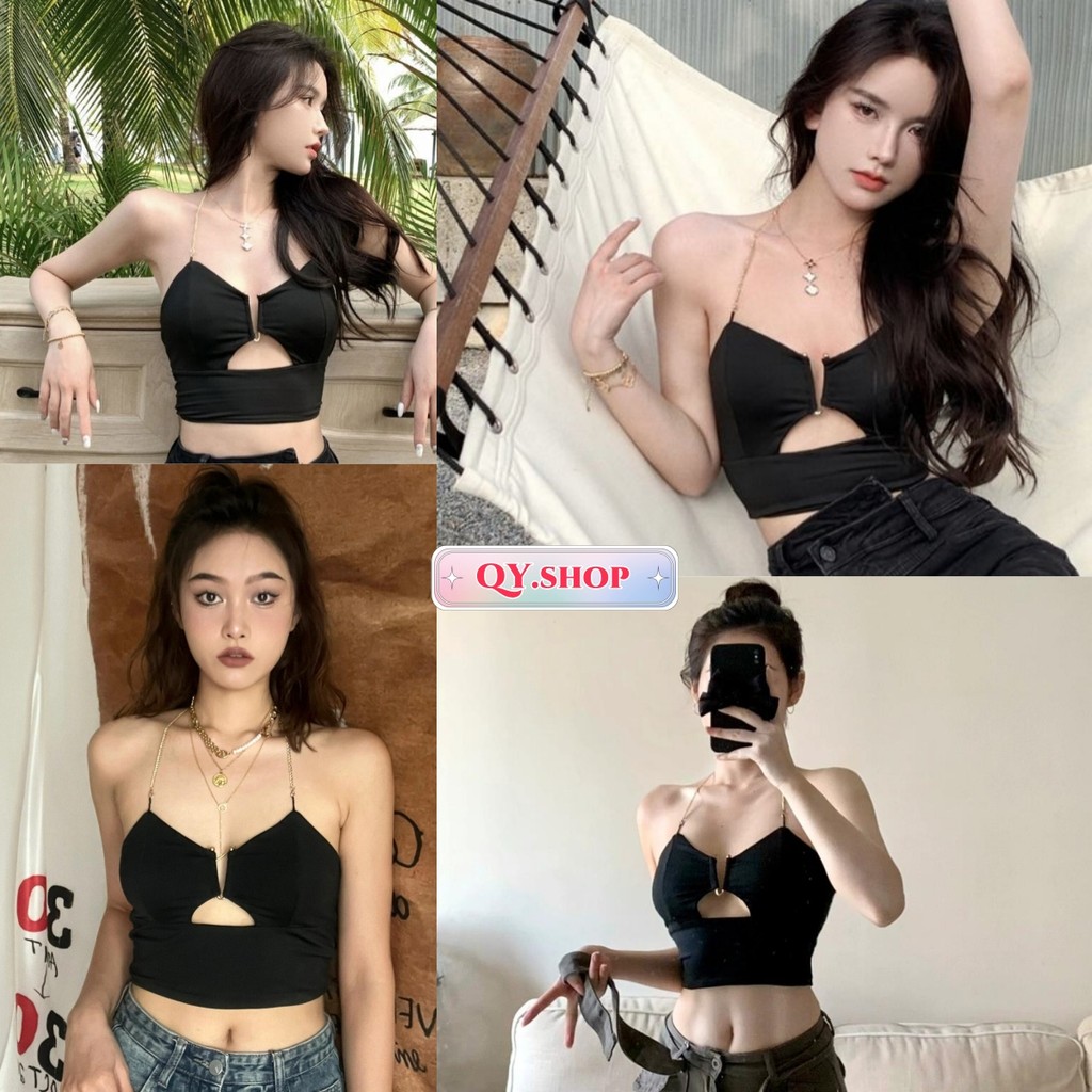 QY.Shop⭐️สินค้าราคาพิเศษ⭐️เสื้อคล้องคอ ไม่มีฟองน้ำ เว้าเอว สีดำพื้นๆ เซ็กซี่เร้าใจ ใส่สบายสุดๆ รัดตามตัว "FY1165"