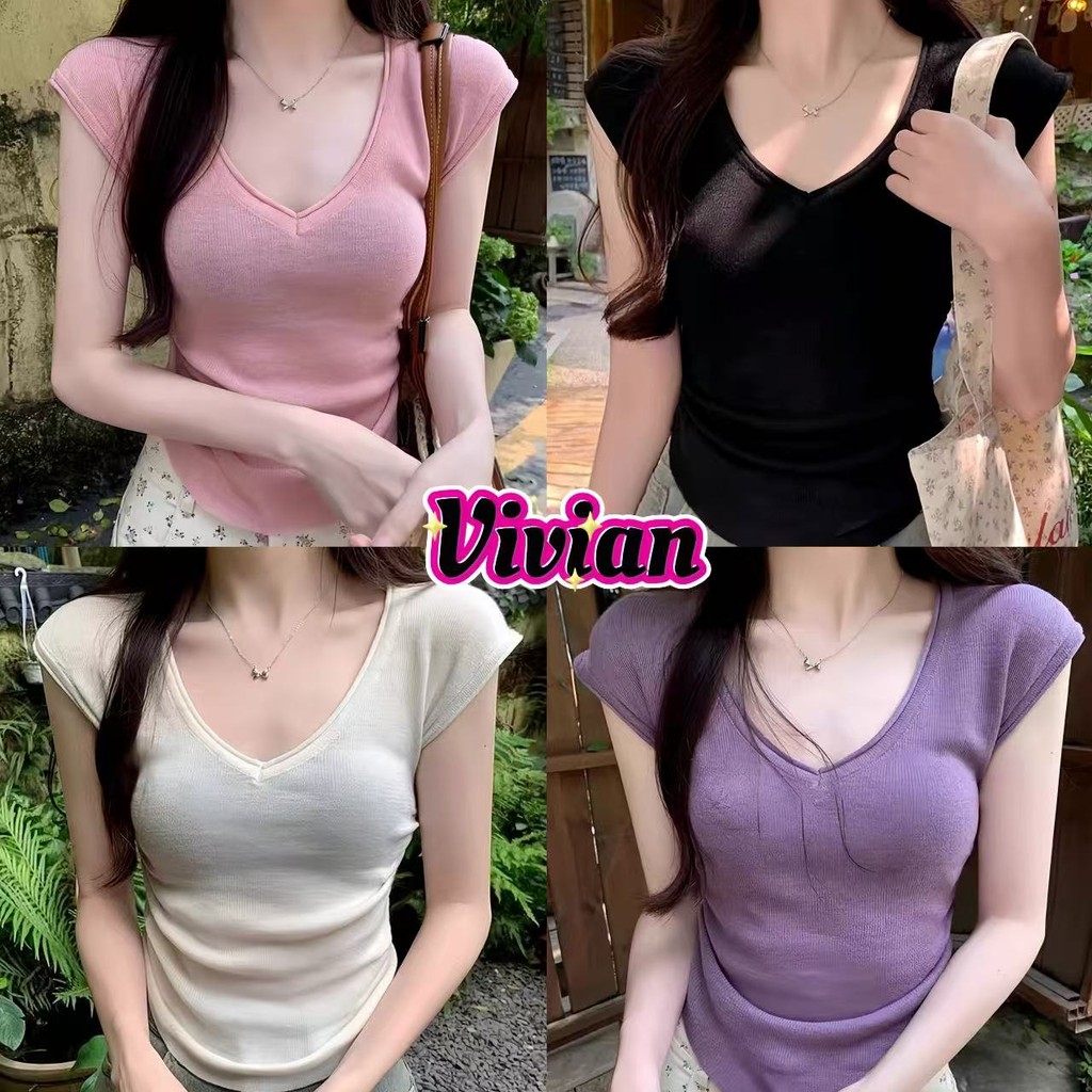 Vivian พร้อมส่ง เสื้อยืด ผ้าถัก คอวี สีพาสเทล เสื้อครอป สลิมฟิต ใส่สบาย สไตล์ลำลอง#X52