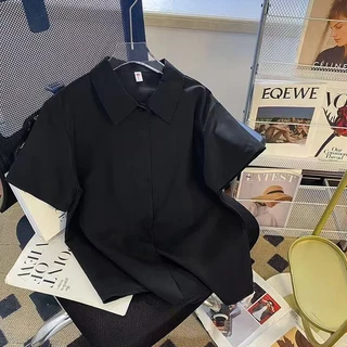 ชุดเสื้อเชิ้ตแขนยาวคอโปโลหรูหราสไตล์เกาหลีสำหรับผู้หญิง ฤดูใบไม้ร่วงใหม่ เรียบง่าย ใช้งานได้หลากหลาย สีดำ