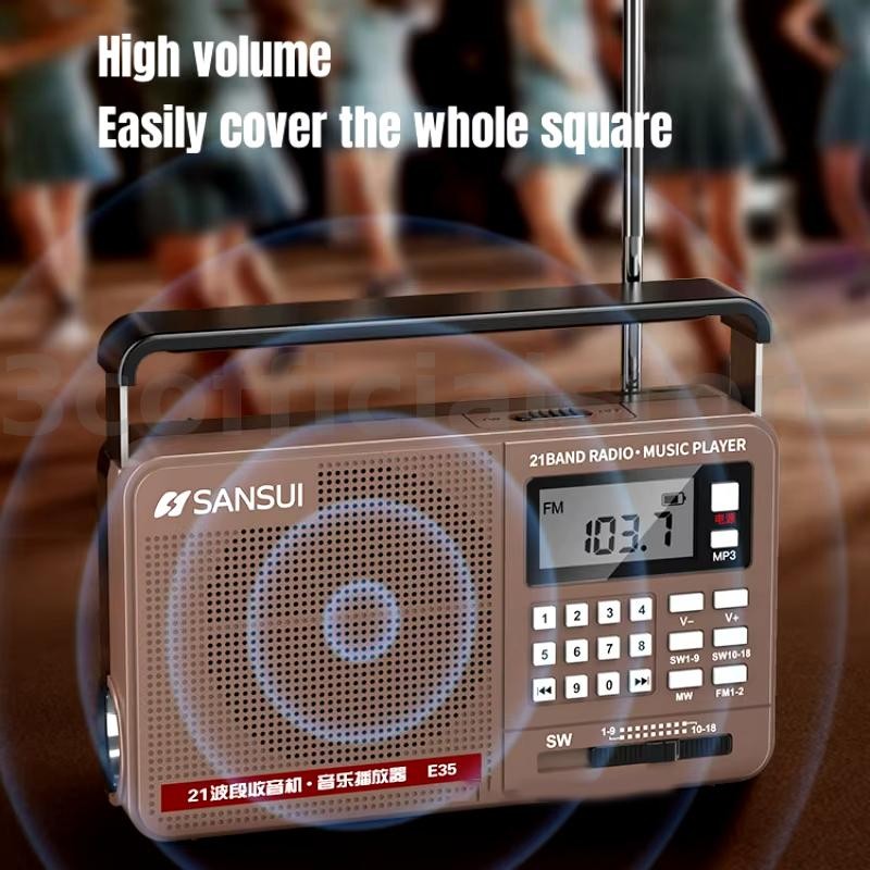 Sansui E35 วิทยุบลูทูธแบบพกพาดิจิตอล Retro ลําโพง HiFi Bass เครื่องเล่นเพลงพร้อมไฟฉาย LED FM/AM/SW Full Band รองรับ USB/TF Card Playback วิทยุ