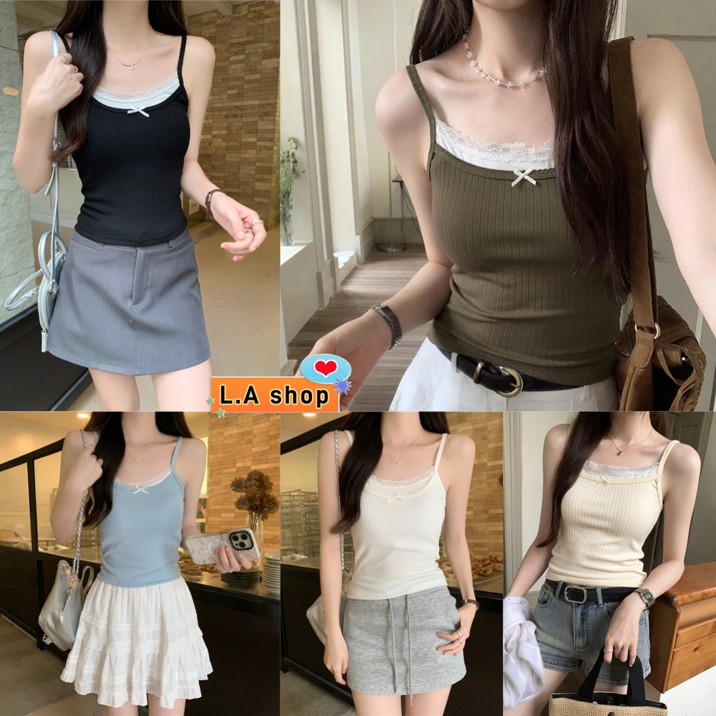 L.A Shop★สไตล์ใหม่★เสื้อสายเดี่ยวคอกลม มีฟองน้ำ ดีเทลแต่งขอบลูกไม้ ผ้านุ่มนิ่มติดโบว์ "FY2109-P"