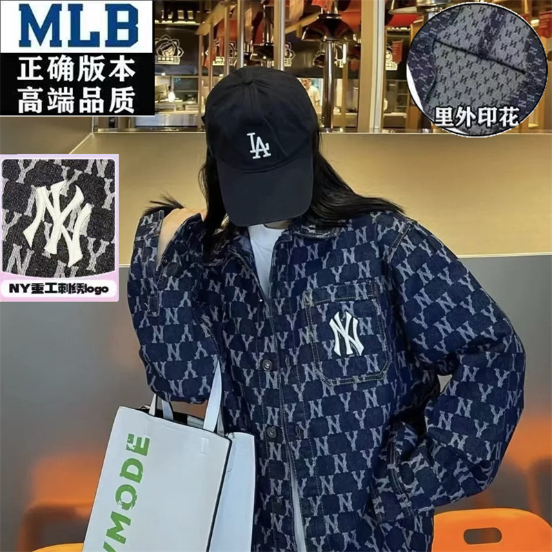Mlb เสื้อเชิ้ตยีนส์แขนยาวคอปกพับ NY เสื้อแจ็คเก็ตวินเทจสําหรับผู้ชายและผู้หญิงลําลองด้านบน