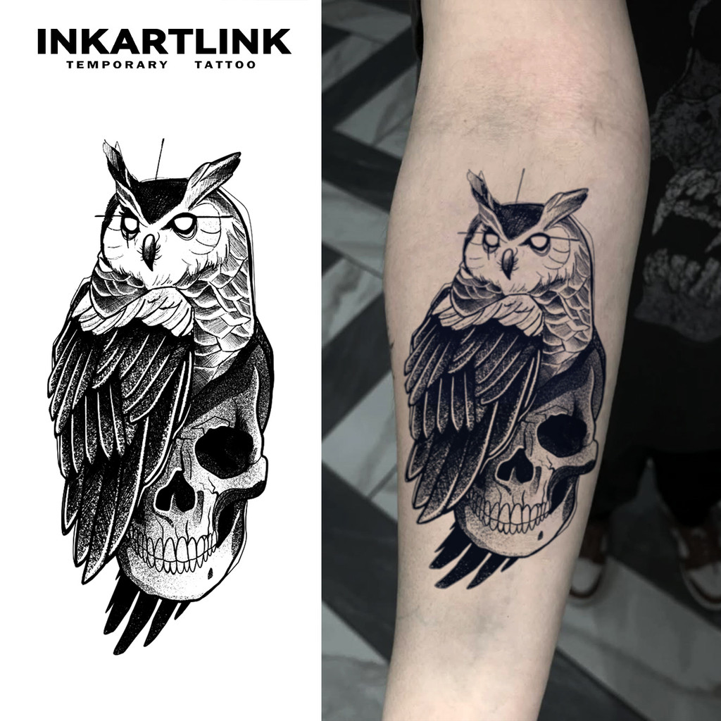 Inkartlink Skull & Owl กันน้ํา 15 วัน, รอยสักเฮนน่าชั่วคราว, รอยสักปลอมสัตว์, รอยสักวิเศษกึ่งถาวร