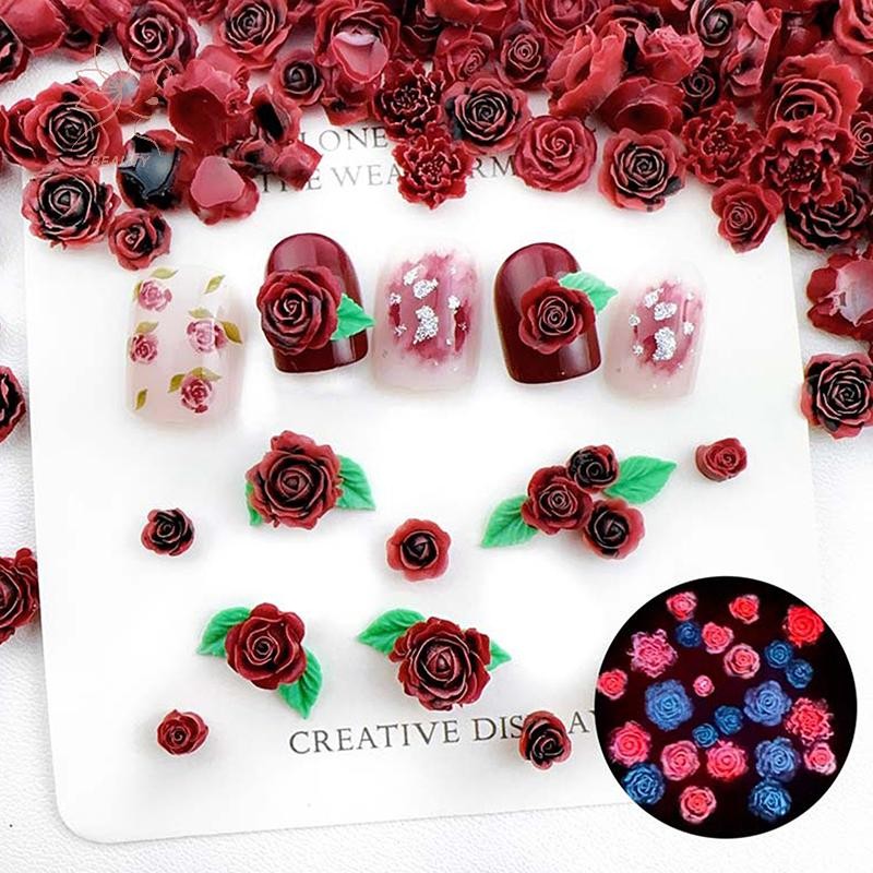 [maybeauty] ผสมไวน์แดง Rose เล็บ Charms 3D Retro เรซิ่น Luminous ดอกไม้ตกแต่งเล็บอุปกรณ์เสริมสําหรับเล็บ DIY Salon {TH}