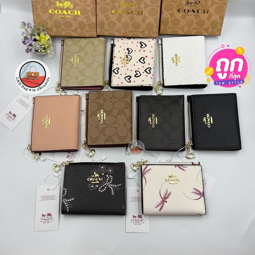 กระเป๋าสตางค์ snap wallet #c.oach แบบพกพา ปั้มทุกจุด มีซิป มีช่องใส่แบงค์ไม่ต้องพับ ขนาด5นิว