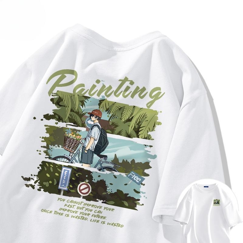 เกาหลี เสื้อแบบดารา เสื้อยืดแขนสั้น CMDX058 ผู้ชาย ผู้หญิง ลายทาง ตัวอักษร หลวม ลายสกรีน ฤดูร้อน ฤดูใบไม้ผลิ