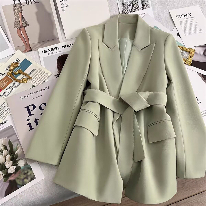 Solid color belt suit jacket women's spring and autumn 2024 new design temperament suit jacket Korean version leisure medium-long style blazer women