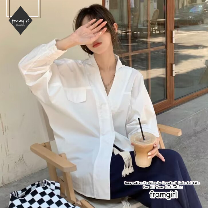 เสื้อเชิ้ตแขนยาวลําลอง คอวี ทรงหลวม สีขาว แฟชั่นฤดูใบไม้ร่วง สําหรับผู้หญิง 2024