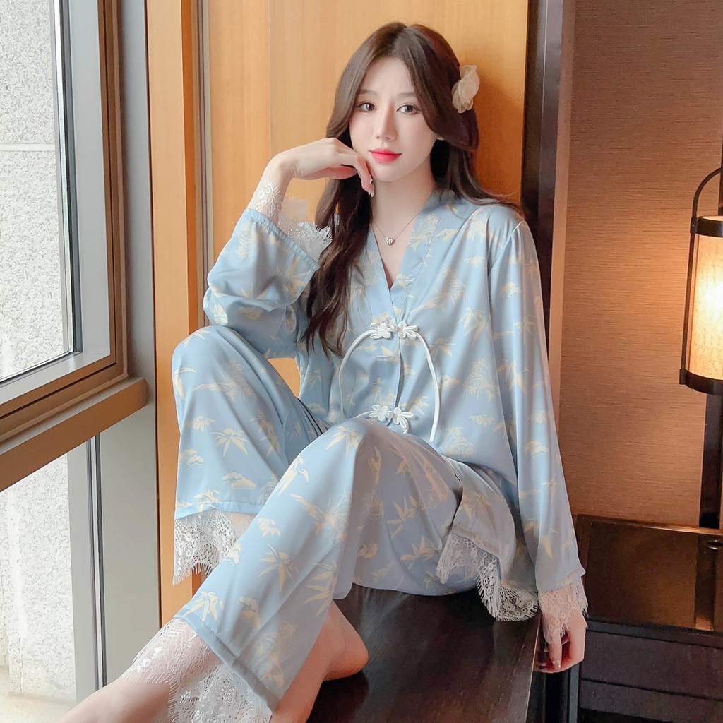 Teefeng ชุดนอนผู ้ หญิงฤดูใบไม ้ ผลิฤดูร ้ อนบางผ ้ าไหมเทียมคุณภาพสูง Homewear ชุดสองชิ ้ น 40-80KG