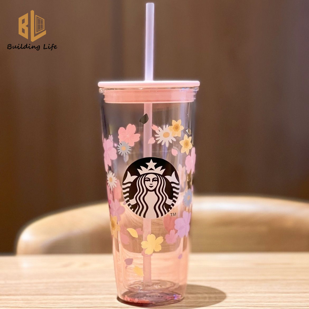 Starbucks แก้วกาแฟสองชั้น ลายซากุระ เทพีสีชมพู พร้อมหลอดดูด 591 มล.