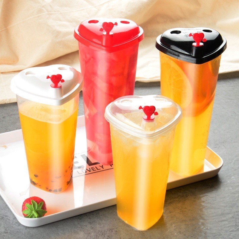 Bakery D'VER 100 ใบ(แก้ว+ฝา) แก้วพลาสติกแข็ง PP ทรงสูงรูปหัวใจ 500ml และ 700ml พร้อมฝาจุกหัวใจแดง Mini heart