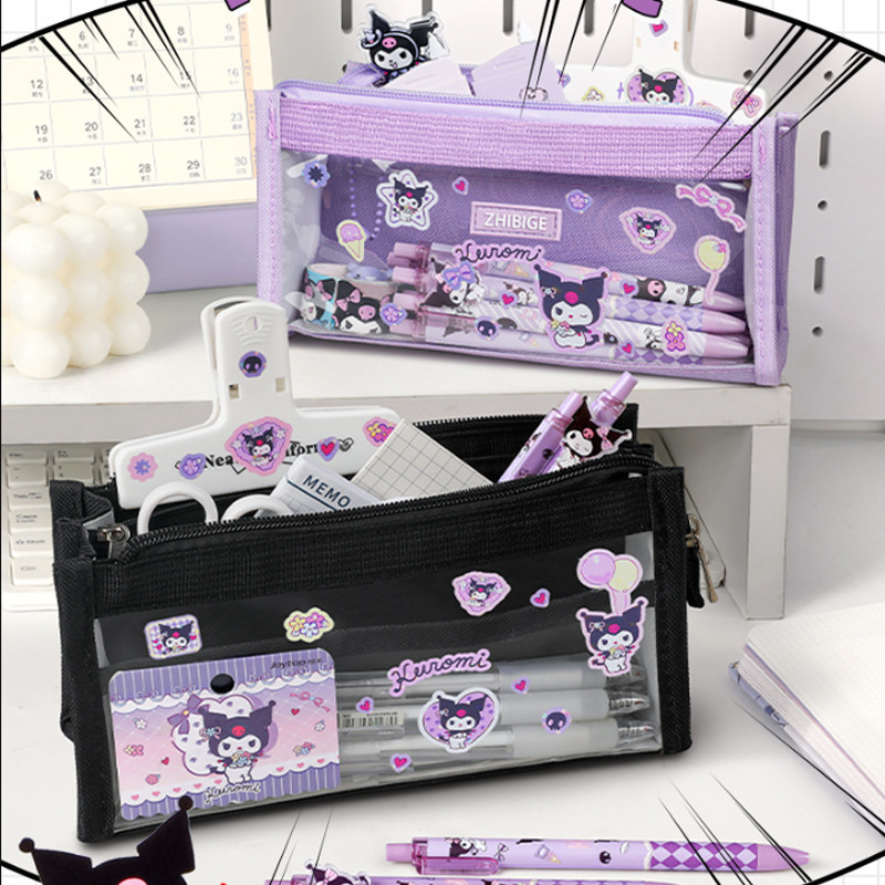 SANRIO กระเป๋าดินสอ กันน้ํา ขนาดใหญ่ จุของได้เยอะ ลาย Kuromi Cinnamoroll Melody สีโปร่งใส สําหรับใส่เครื่องเขียนนักเรียน