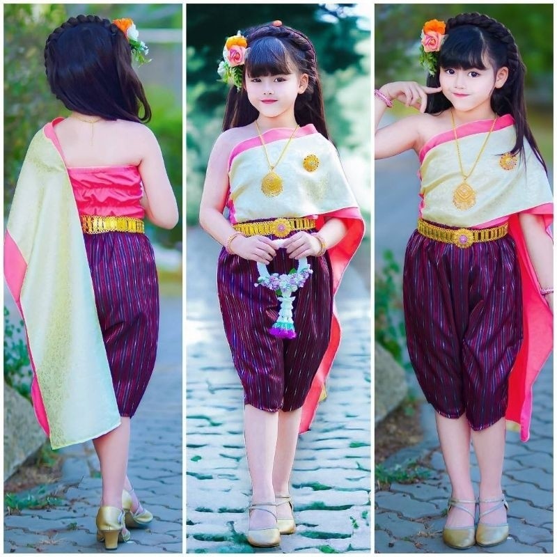 (Nd) ชุดไทยเด็กผู้หญิง ชุดสไบทูโทน แม่พุดตาน โจงเอวสม๊อก