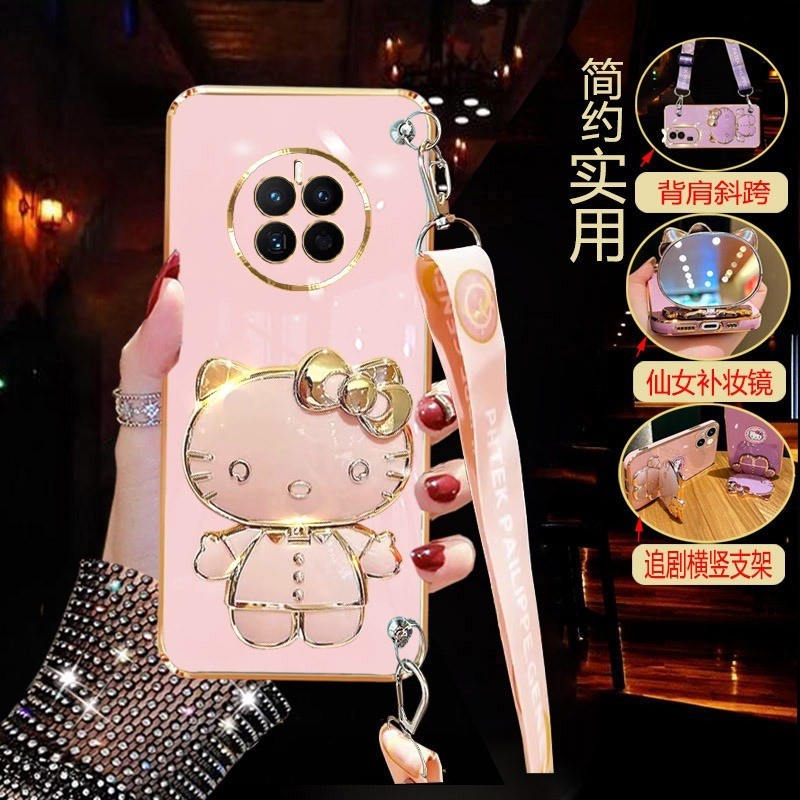 เคสโทรศัพท์มือถือ แบบนิ่ม ลาย KT พร้อมกระจก และสายคล้องคอ สําหรับ Realme 12 12+ 11 11x Pro+ Pro Plus NFC C67 C51 Note 50 5G 4G Realme12 12Pro+