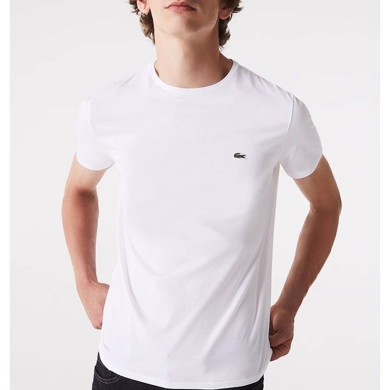 LACOSTE ลาคอสท์ ผู้ชายกีฬาสไตล์ลําลองสีทึบรอบคอขวาไหล่ผ้าฝ้ายแท้เสื้อยืดแขนสั้น