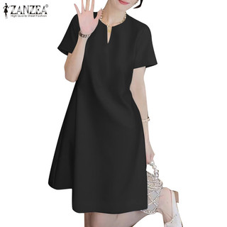 ZANZEA Women Korean Short-Sleeved Plain Color V-Neck Loose A-Hem Dress