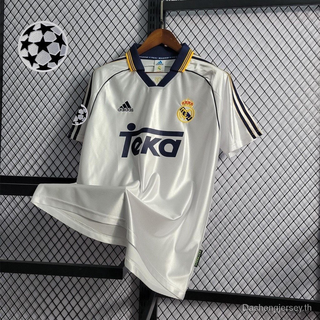 เสื้อเชิ้ต คุณภาพสูง | เสื้อโปโล แขนสั้น ลาย Real Madrid สีขาว สไตล์เรโทร 1998/00