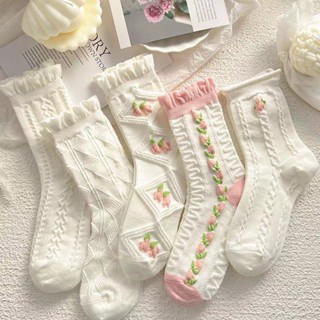 🧦🧦พร้อมส่งในไทย⚡ถุงเท้าข้อสั้นสไตล์ญี่ปุ่น ตกแต่งด้วยลายดอกไ…