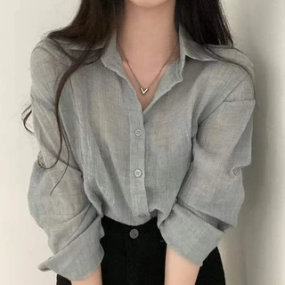 เสื้อเชิ้ตแขนยาว คอโปโล ทรงหลวม แบบบางชิคๆ สไตล์เกาหลี