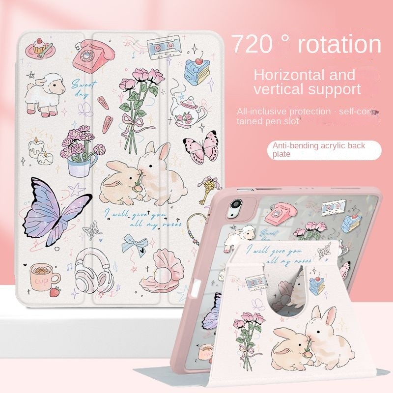 [iPad Air 4] เคสอะคริลิค ลายการ์ตูนกระต่าย พร้อมช่องใส่ปากกา 360 สําหรับ iPad 10th Gen 2022 9th 8th 7th Air5 9.7 2017 18 Air1 Air 2 ° เคส iPad หมุนได้
