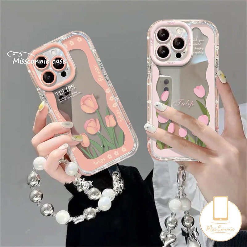 เคสโทรศัพท์มือถือ แบบนิ่ม ลายดอกทิวลิป มีกระจกแต่งหน้า และสายคล้อง หรูหรา สําหรับ IPhone 7Plus 11 15 13 14 12 Pro Max XR XS X Max 15 8 7 Plus