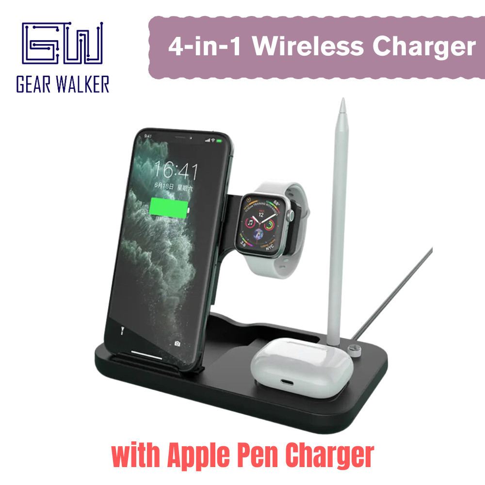 Gear WALKER 4-in-1 แท่นชาร์จไร้สาย พร้อมที่ชาร์จ Apple Pencil 15W ชาร์จเร็ว สําหรับ iPhone SmartWatch AirPods