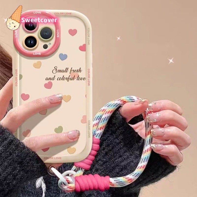 Iphone 15 14 13 12 11 Pro Max X Xr Xs Max 7 8 Plus เคสโทรศัพท์ ลายหัวใจ เด็กผู้หญิงน่ารัก สีสันสดใส รัก สีลูกกวาด + สายคล้อง เคสโทรศัพท์