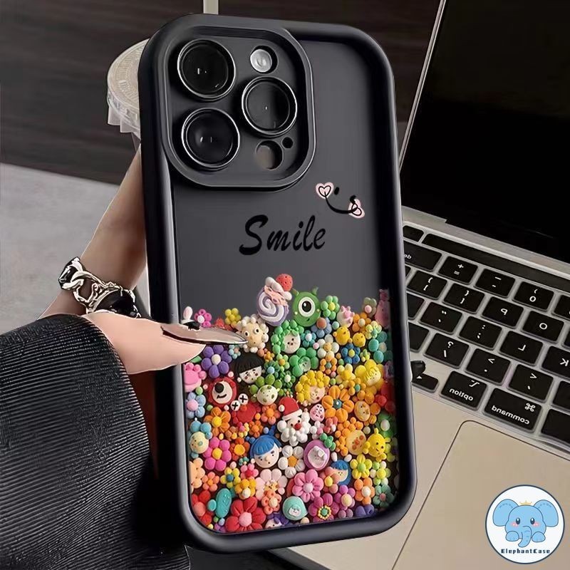 คู่รักดอกไม้สีสันการ์ตูนตุ๊กตารอยยิ้มปก iPhone 11 15 14 7Plus XR 13 12 Pro Max 15 6 7 8 6s Plus X XS Max SE 2020