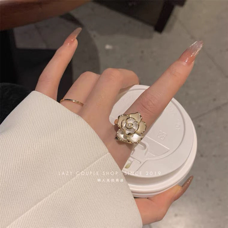 French gentle ~ camellia ring female ins high-end niche design light luxury chanel style ring opening retro