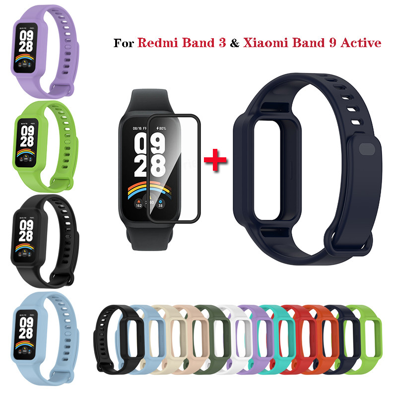 เปลี่ยนสายนาฬิกาสําหรับ Xiaomi Smart Band 9 Active Strap สายซิลิโคนสําหรับ Redmi Band 3 สายพร้อมตัวป้องกันหน้าจอแบบเต็มฟิล์ม