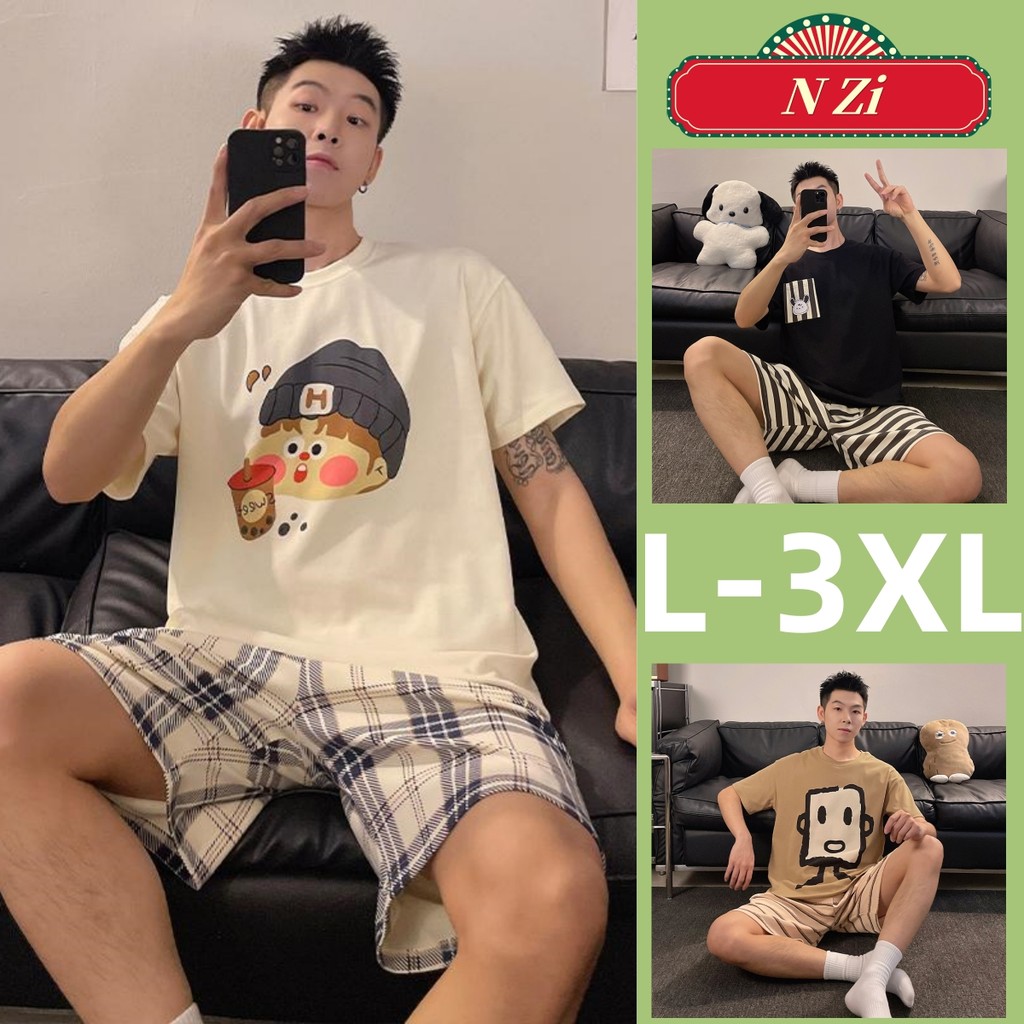 L-3xl ชุดนอนผู้ชายชุดนอนผ้าฝ้ายฤดูร้อนแขนสั้นชุดนอนชายลายการ์ตูน Loungewear บาง