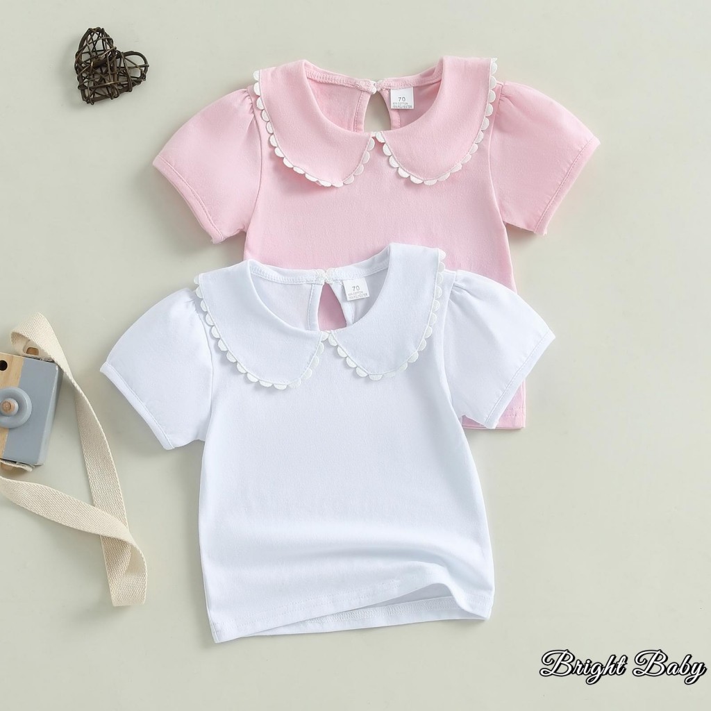 เด็กวัยหัดเดินสาวฤดูร้อนหวานเสื้อยืดสีคมชัดแขนสั้นตุ๊กตาปกเสื้อลําลอง