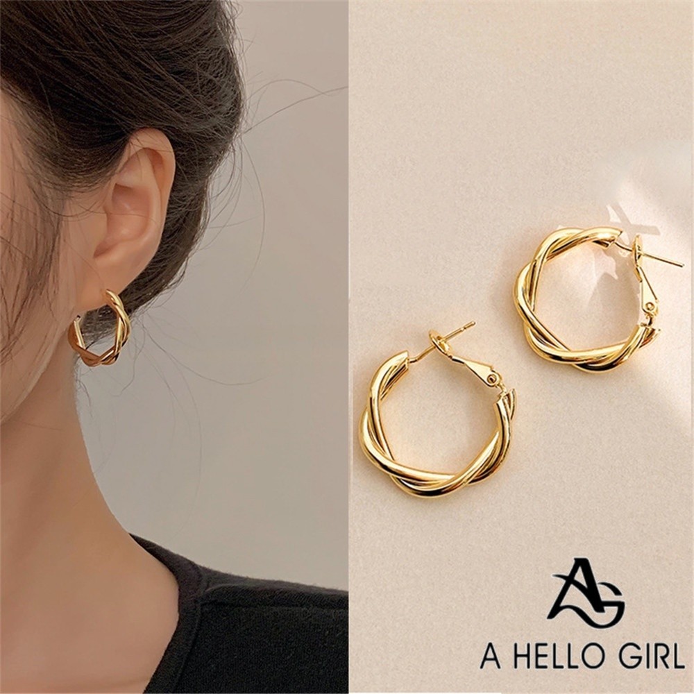 A HELLO GIRL ใหม่ ย้อนยุค บิด ต่างหู สําหรับผู้หญิง เกาหลี ทรงกลม ต่างหูแฟชั่น