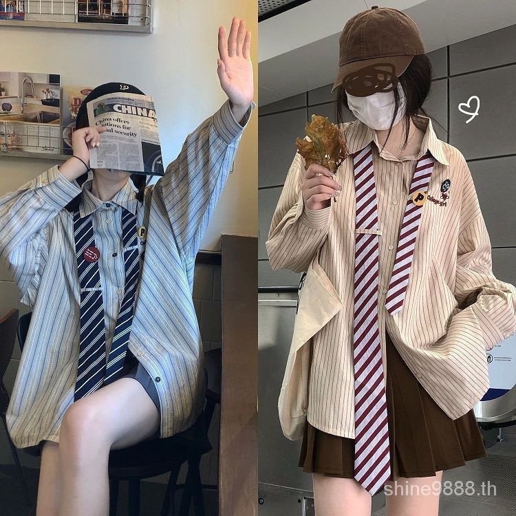 เสื้อเชิ้ต ลายทาง ทรงหลวม สไตล์วินเทจ แฟชั่นฤดูใบไม้ร่วง สําหรับผู้หญิง NRYE