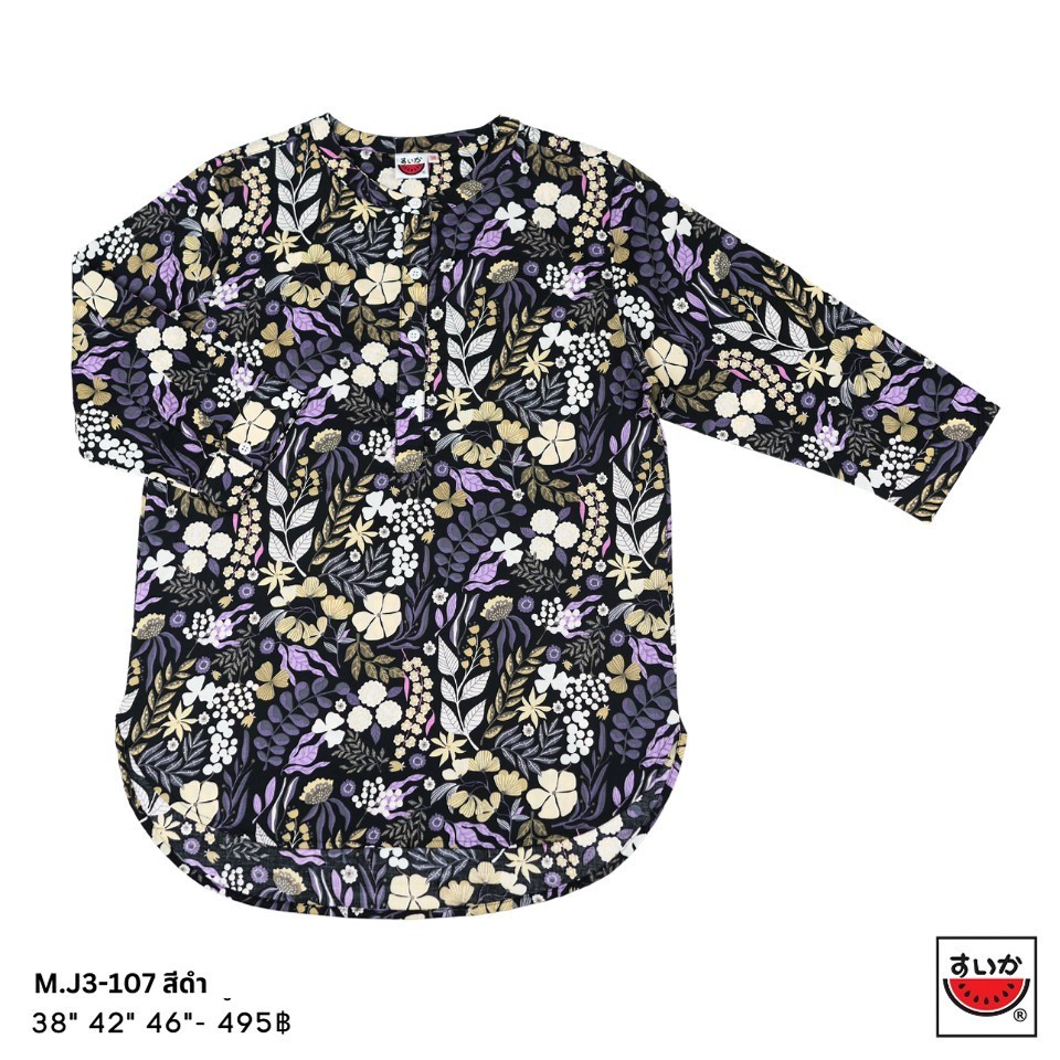 เสื้อแตงโม (SUIKA) - เสื้อผ้าป่านมัสลิน คอจีนเล็ก กระดุมหน้า 4 เม็ด แขนสามส่วน ลายดอกไม้ ( M.J3-107 )