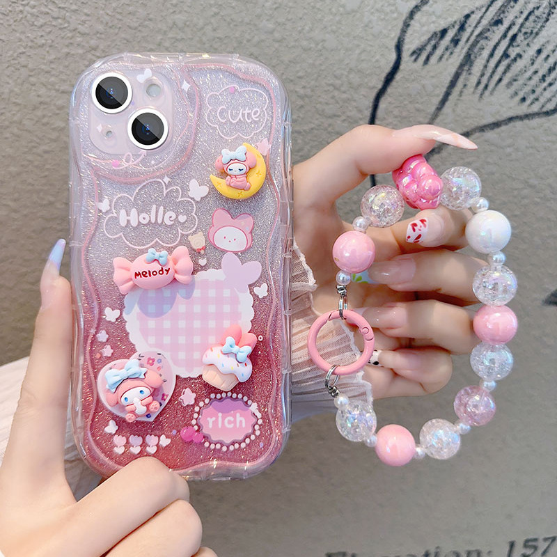 เคสโทรศัพท์มือถือ ดูดซับแรงกระแทก สีชมพูน่ารัก พร้อมสายคล้องมือ อุปกรณ์เสริม สําหรับ IPhone 11 12 Pro Max X XR XS Max SE 7 Plus 8 Plus 13 Pro Max 14 15 Pro Max