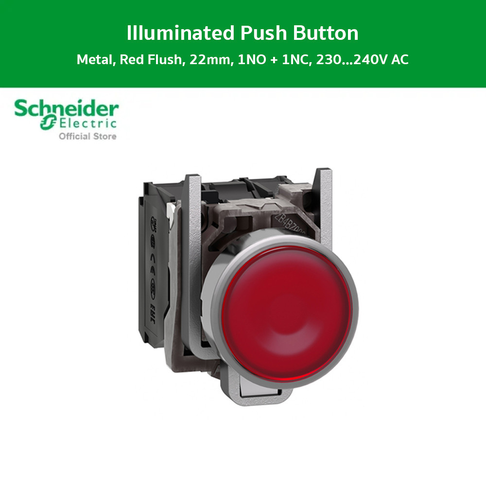 Schneider - XB4BW34M5 สวิตช์ปุ่มกดมีไพล็อทแลมป์ แบบ LED หัวเรียบ-กดเด้ง Ø 22 มม.สีแดง 1 NO + 1 NC, 2