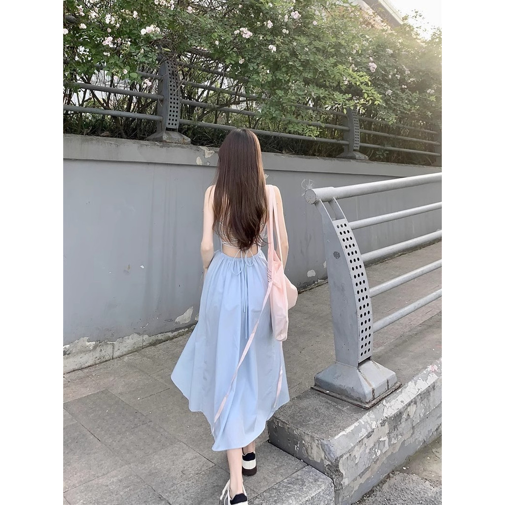 ชุดเดรสกระโปรงยาว ทรงเอ เอวแคบ แต่งลูกไม้ สีฟ้า แฟชั่นฤดูร้อน สําหรับสตรี