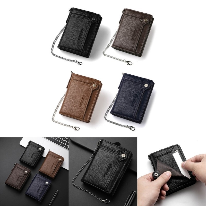 Run กระเป๋าใส่เหรียญแฟชั่นพร้อมช่องใส่การ์ดหลายช่อง Mens PU หนังกระเป๋าสตางค์สั้นพร้อมโซ่โลหะแบบถอดได้และซิป Pocke