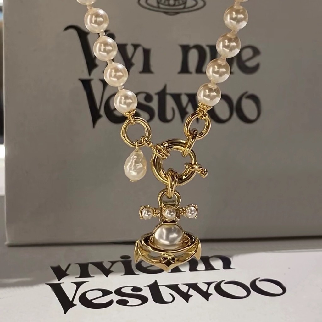 Vivienne Westwood สร้อยคอโซ่ จี้สมอเรือ ประดับมุก ขนาดเล็ก เข้ากับทุกการแต่งกาย แฟชั่นสําหรับผู้หญิง