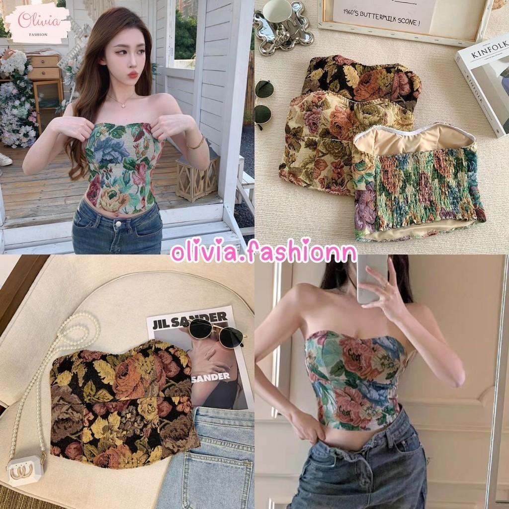 Olivia เสื้อเกาะอก มีฟองน้ำ ลายดอกไม้ ด้านหลังสม๊อคยืดได้ #H17